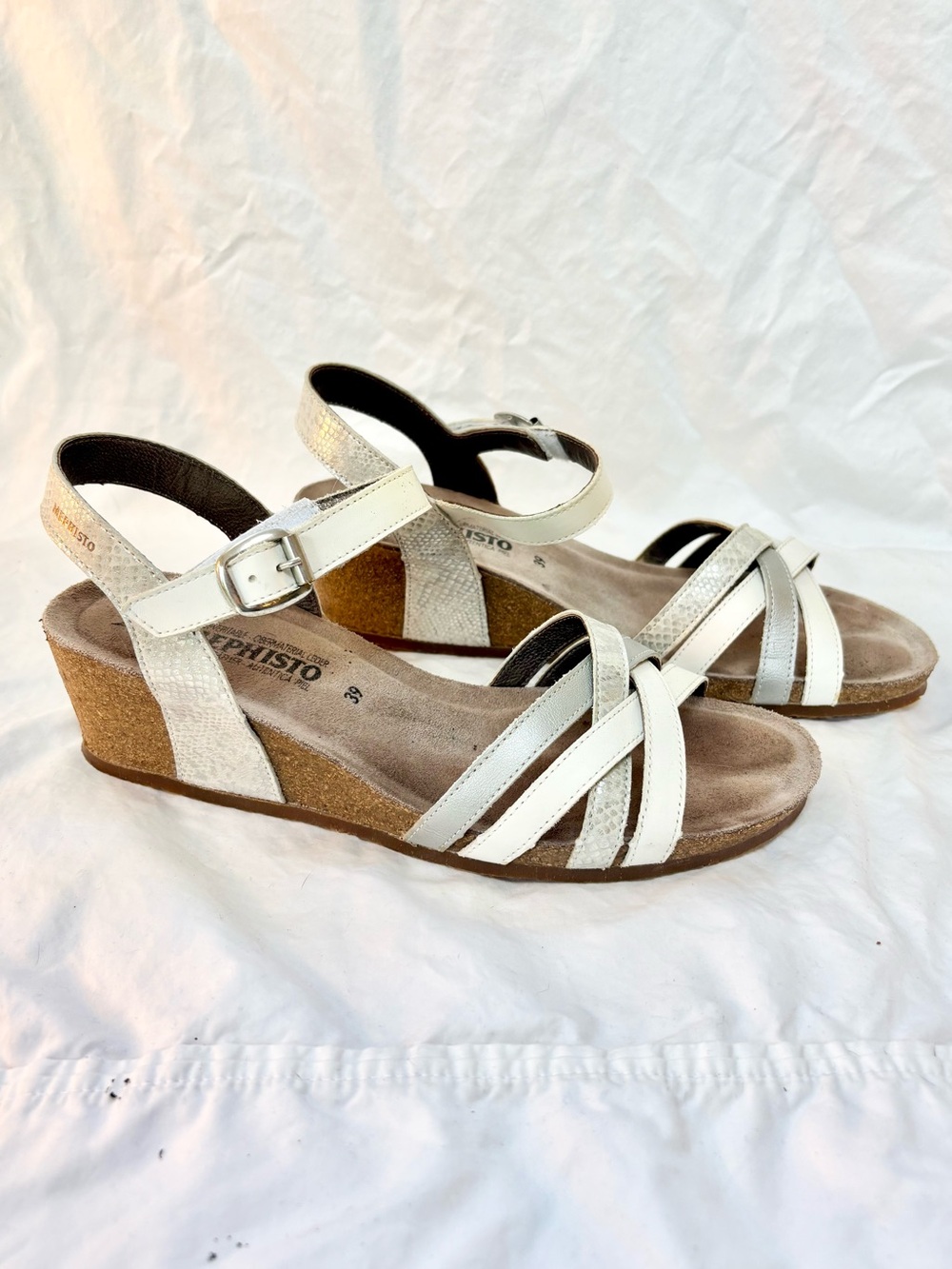 Mephisto Women's White and Silver Leather Strappy Wedge Sandals